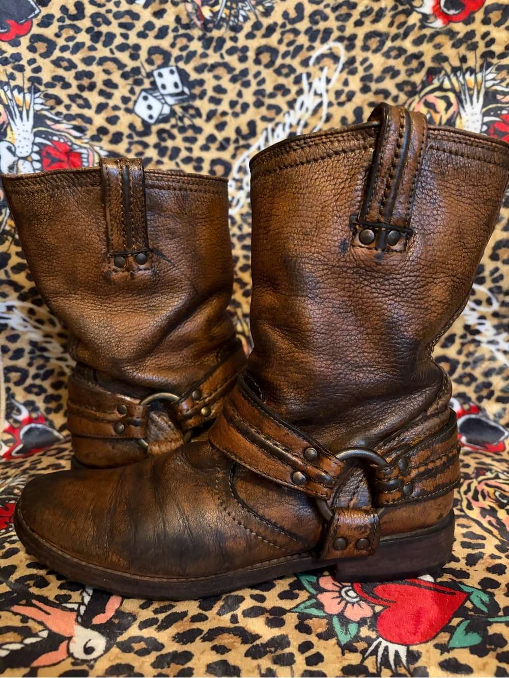 VINTAGE FRYE Maxine Trapunto Brown Leather Harness Boots Women's style#77925